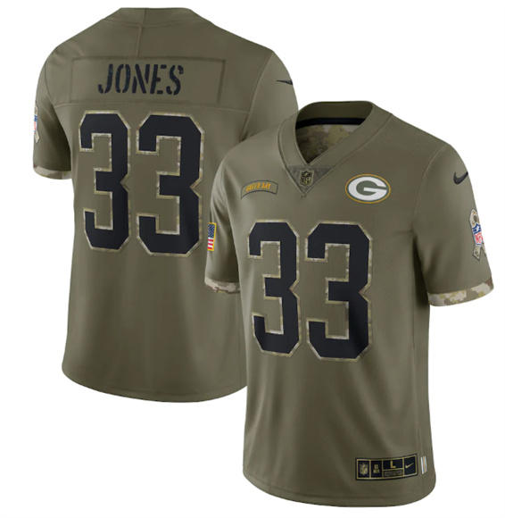 Men's Green Bay Packers #33 Aaron Jones 2022 Olive Salute To Service Limited Stitched Jersey